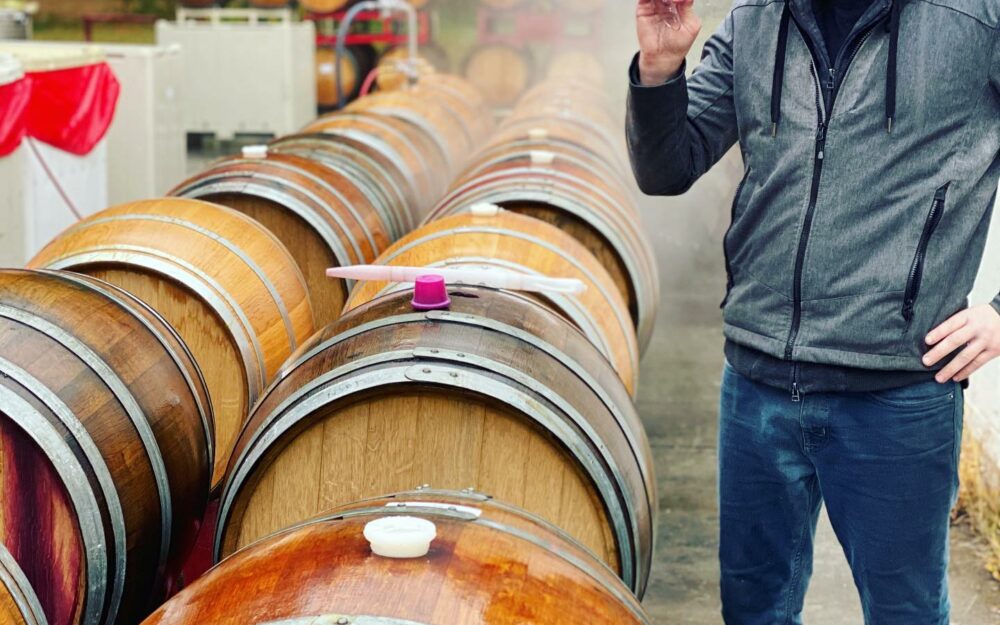 Man smelling a glass of wine freshly removed from barrel